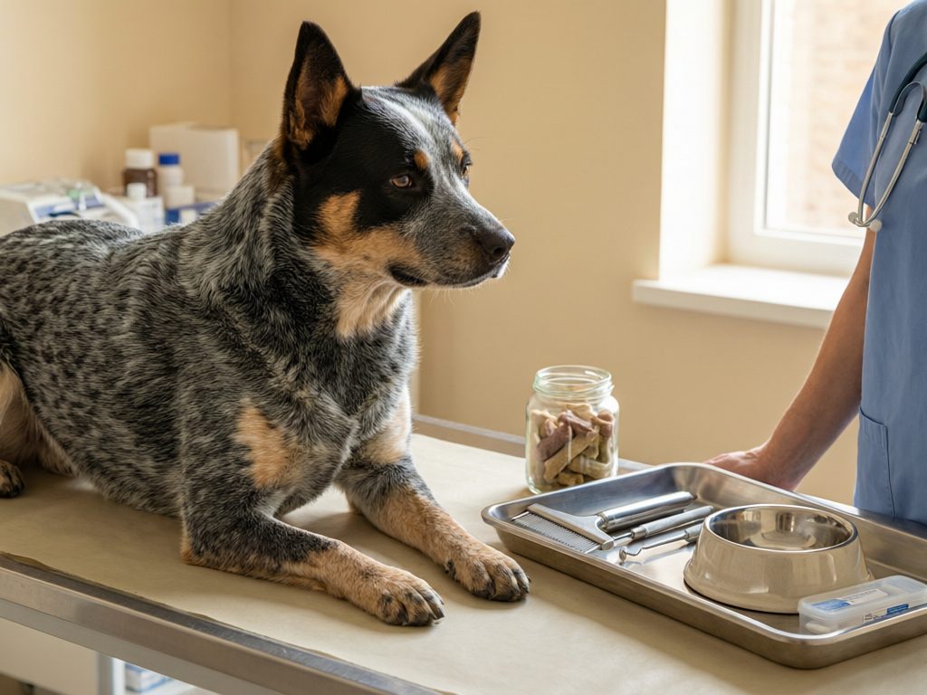 Illustration of a dog on an examination table beside a veterinary professional, a tray of tools, a bowl, and a jar of chews.