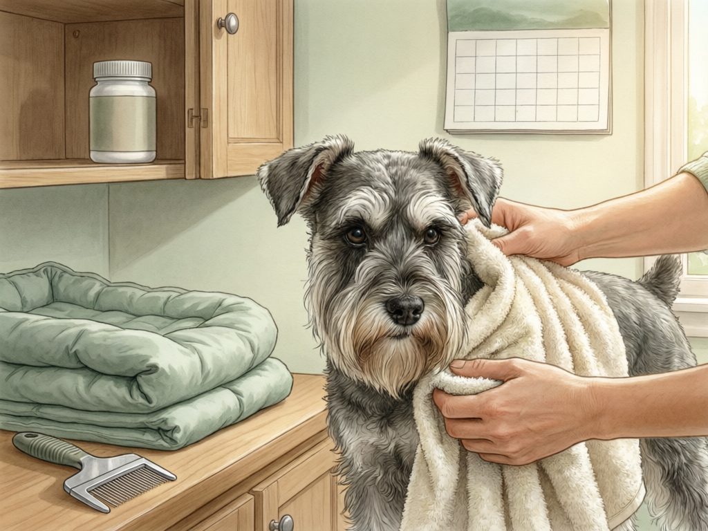 Illustration of hands drying a schnauzer with a towel beside folded bedding, a grooming tool, and a wall calendar.