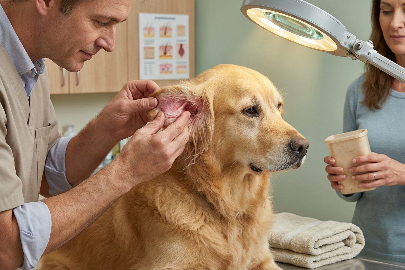 Illustration of a veterinarian examining a golden retriever's reddened ear while the owner holds a tub.