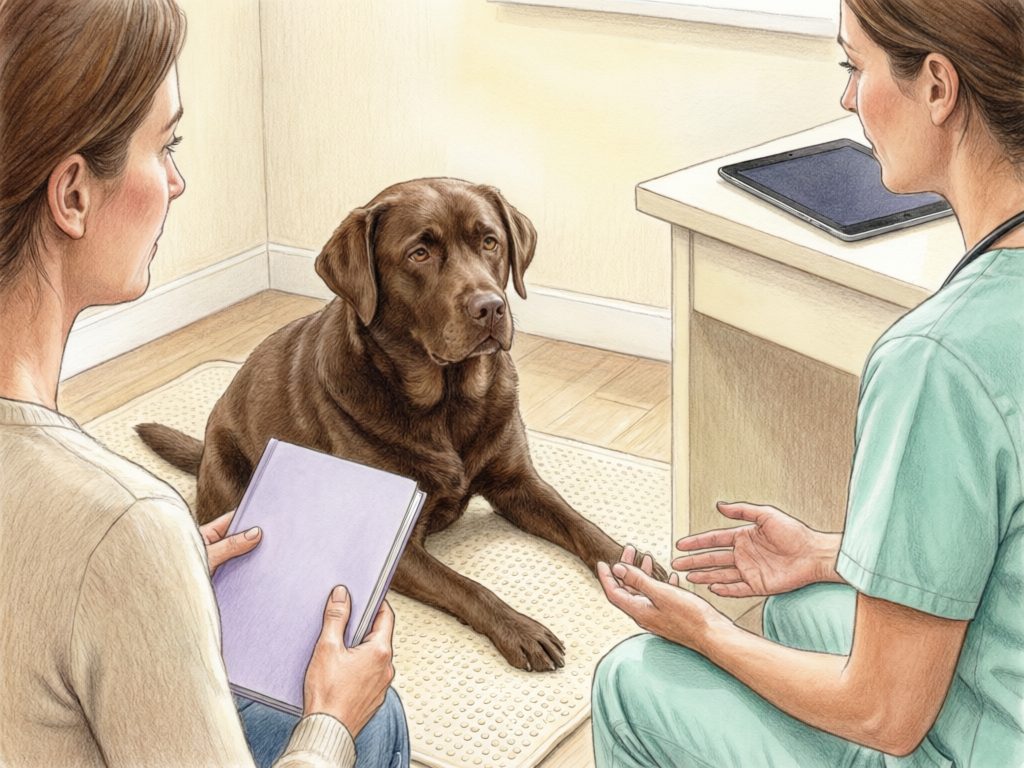 Illustration of a dog owner holding a folder while speaking with a veterinary professional beside a chocolate Labrador.