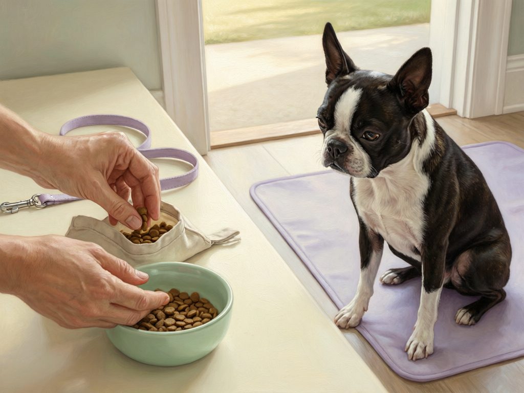Illustration of hands portioning kibble between a bowl and a treat pouch while a black-and-white dog sits on a mat.