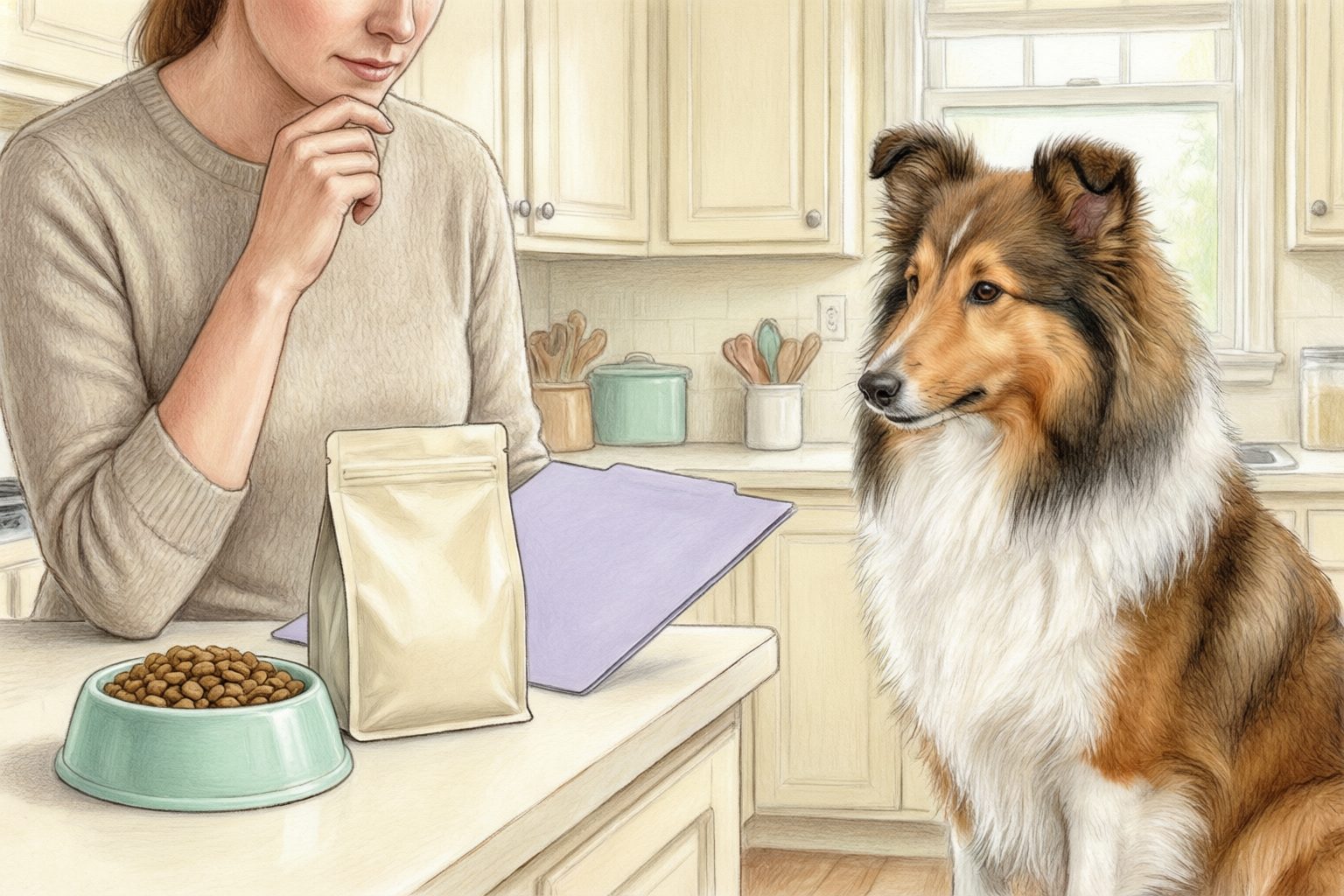 Illustration of a person holding a folder beside a collie, a bowl of kibble, and a plain food pouch.