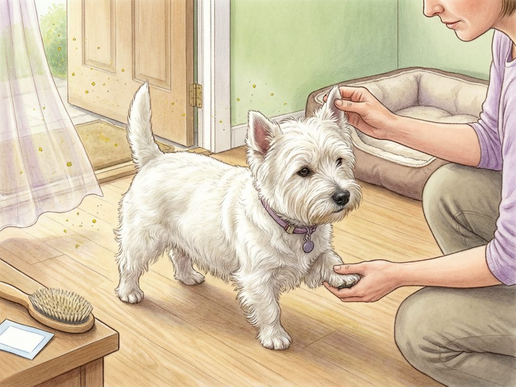 Illustration of a caregiver checking a white terrier's paw and ear near an open doorway, with small yellow specks depicted in the air.