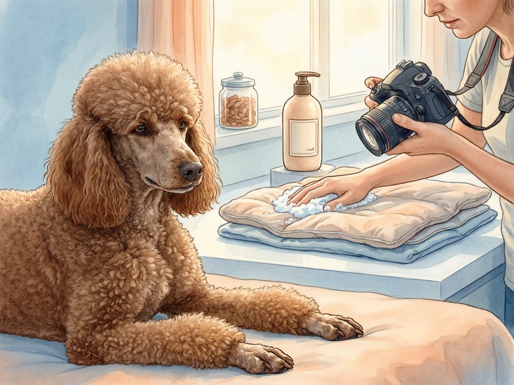 Illustration of a poodle resting beside a caregiver holding a camera and wiping padded bedding, with a pump bottle and jar nearby.