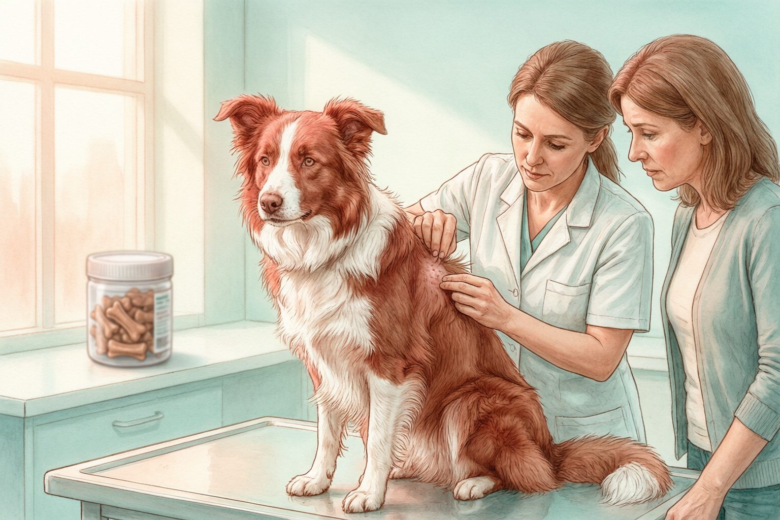 Illustration of a clinician parting a red-and-white dog's coat to examine irritated skin while its owner watches, with a jar of chews nearby.