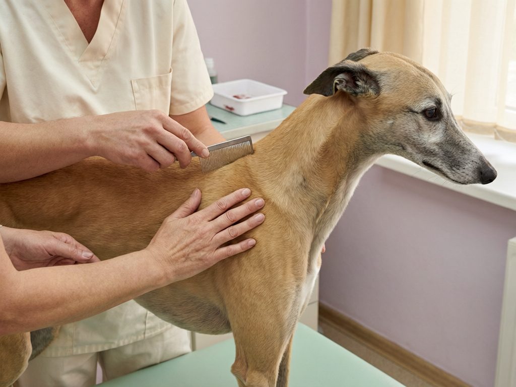 Illustration of a veterinary worker using a fine-toothed comb on a tan sighthound's coat while a caregiver steadies the dog on an examination table.