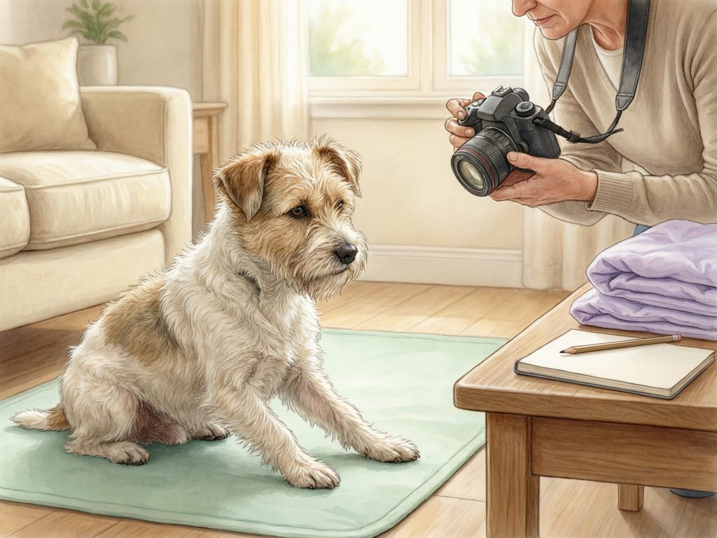 Illustration of a caregiver aiming a camera toward a wire-haired terrier on a mat, with an open notebook and folded bedding on a table.