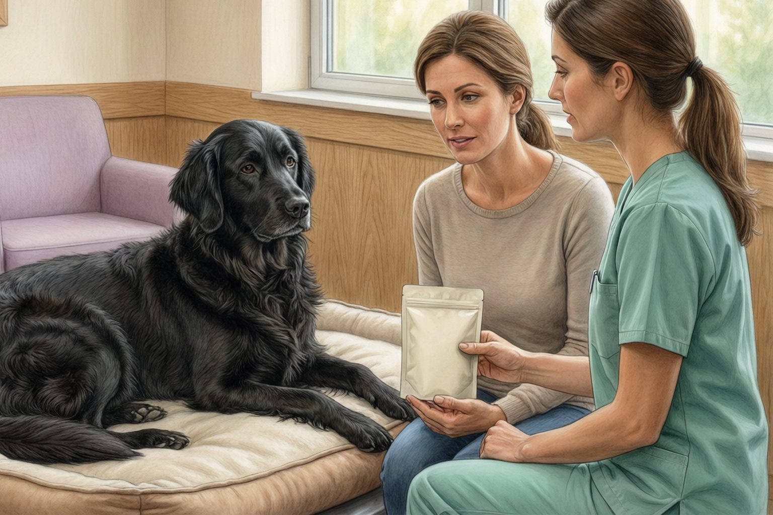 Illustration of a black long-coated dog on a bed beside a caregiver and veterinary worker reviewing a plain pouch.