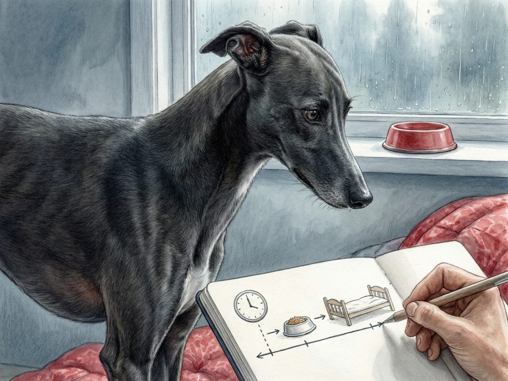 Illustration of a gray sighthound beside a rainy window while a person writes a routine diagram with a clock, food bowl, and bed.