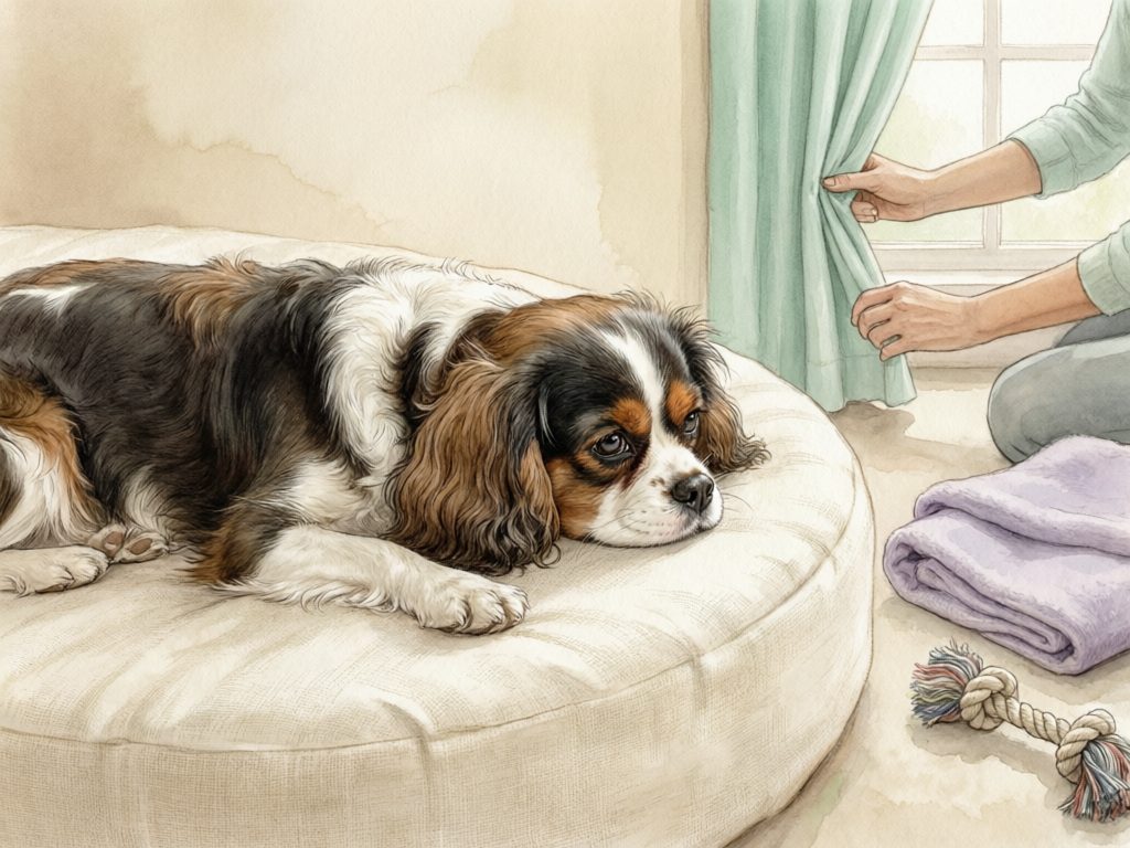 Illustration of a spaniel lying on a bed while a caregiver adjusts curtains, with a blanket and rope toy nearby.