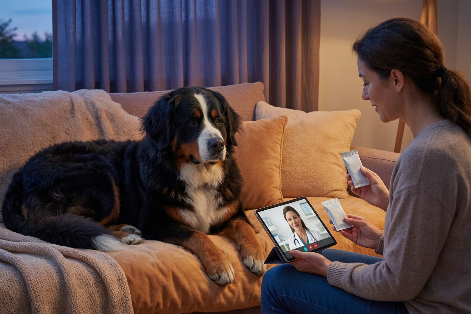 Illustration of a large tricolor dog on a sofa while a caregiver holds two sachets and a tablet showing a veterinarian.