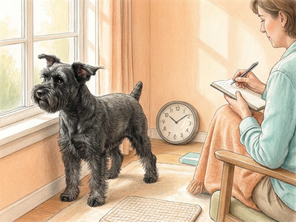 Illustration of a dark-coated dog standing by a window while a seated person writes observations in a notebook.