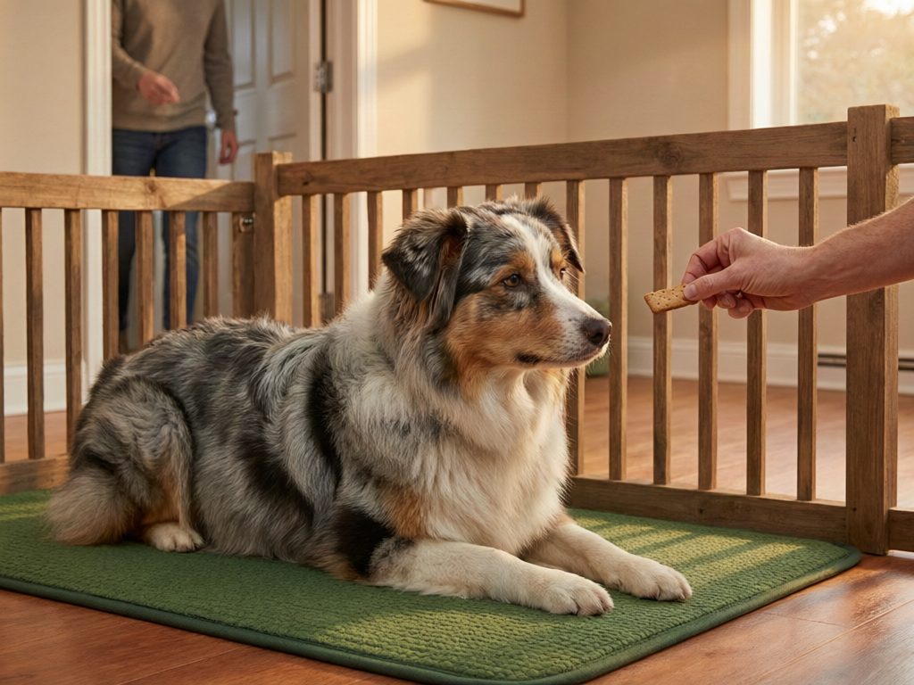 Illustration of a dog lying on a green mat beside a wooden gate while a hand offers a biscuit.