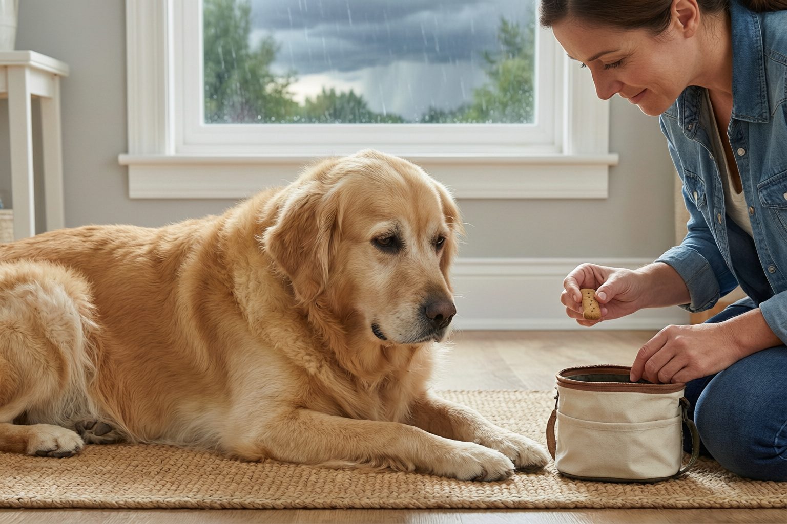Illustration of a golden retriever lying on a rug while a kneeling person holds a biscuit beside a treat pouch.