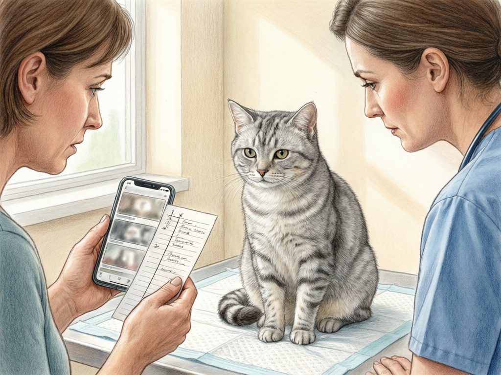 Illustration of an owner sharing a phone and written notes with a veterinarian beside a gray tabby cat.