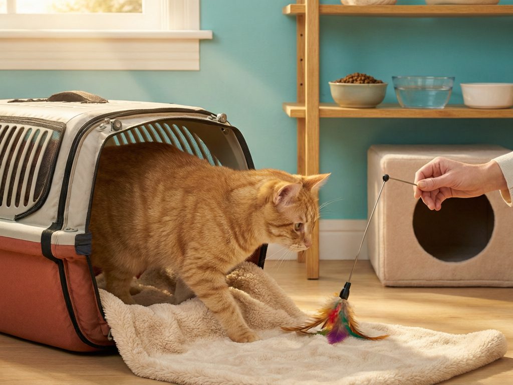 Orange tabby stepping from an open carrier toward a feather toy on a blanket, with a covered hide nearby.