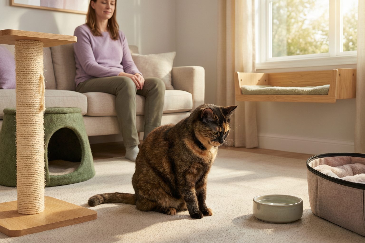 Tortoiseshell cat sitting near a water bowl, covered hide, scratching post, and bed while an owner sits on the sofa.