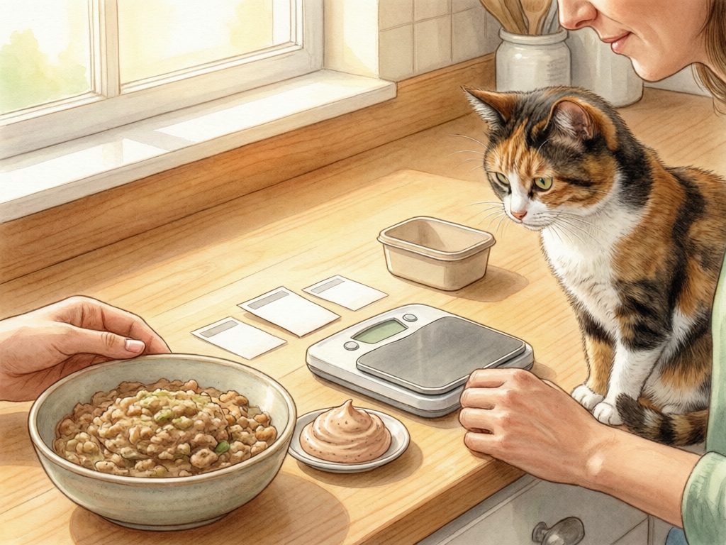 Illustration of a calico cat beside food, a small portion of mousse, a digital kitchen scale, and cards on a counter.