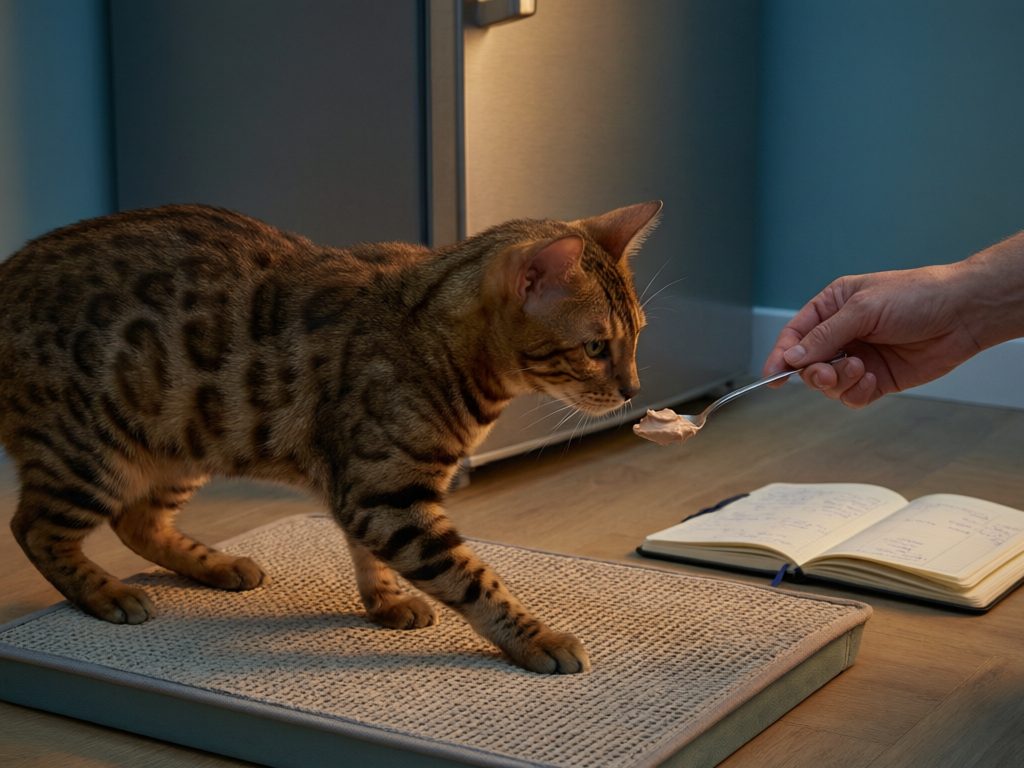 Spotted cat approaching a spoonful of mousse beside an open notebook and refrigerator.