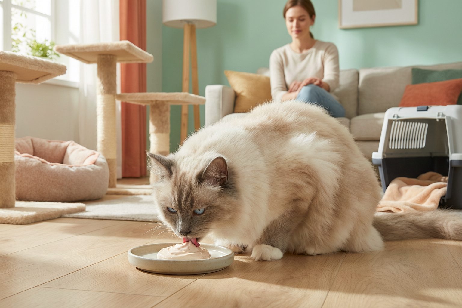 Long-haired cream cat licking mousse from a dish in a room with a cat tree, bed, open carrier, and seated owner.