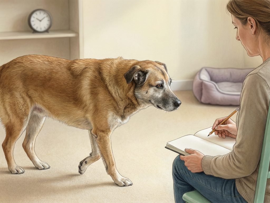 Illustration of a tan dog walking toward a seated caregiver writing in a notebook, with a clock and dog bed in the room.