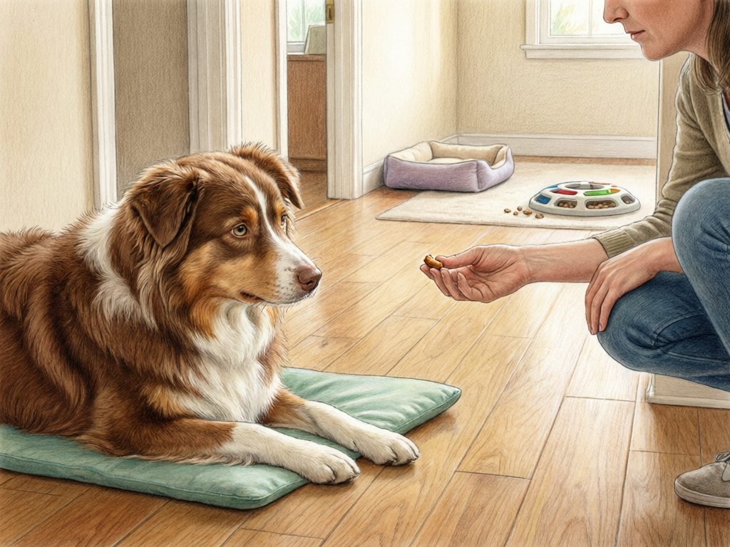 Illustration of a red-and-white dog lying on a mat while a person offers a treat, with a puzzle feeder and dog bed nearby.