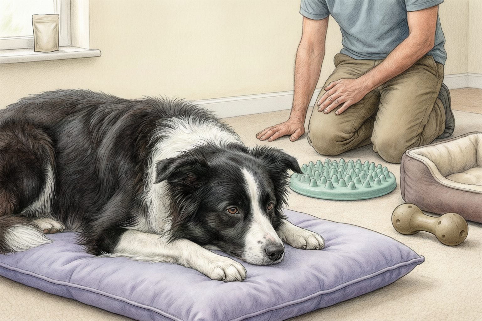 Illustration of a black-and-white dog resting on a cushion beside a kneeling caregiver, textured feeding mat, dog bed, and chew toy.