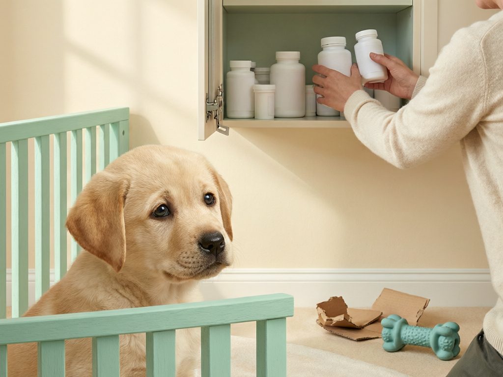 Illustration of a Labrador puppy behind a barrier while a person puts white bottles into a wall cupboard, with chewed cardboard and a toy below.