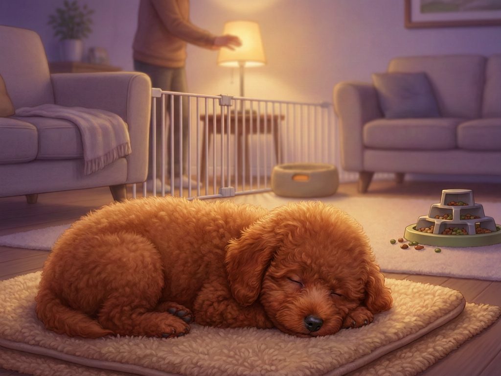 Illustration of a curly-coated puppy sleeping on a mat in a softly lit room, with a gate, puzzle feeder, and person near a lamp.