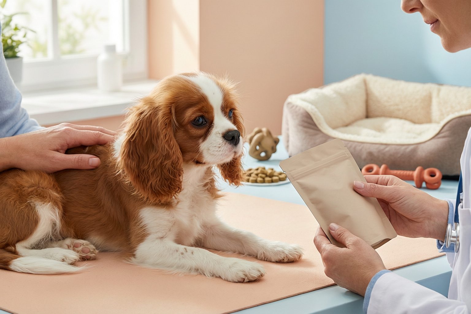 Illustration of a small spaniel puppy beside a caregiver and clinician inspecting a plain pouch, with a bed and toys nearby.