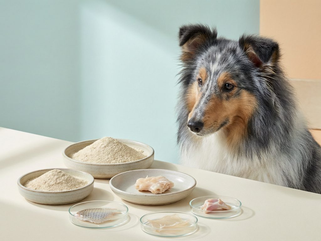 Illustration of a collie looking toward dishes of pale powders and tissue samples arranged on a table.