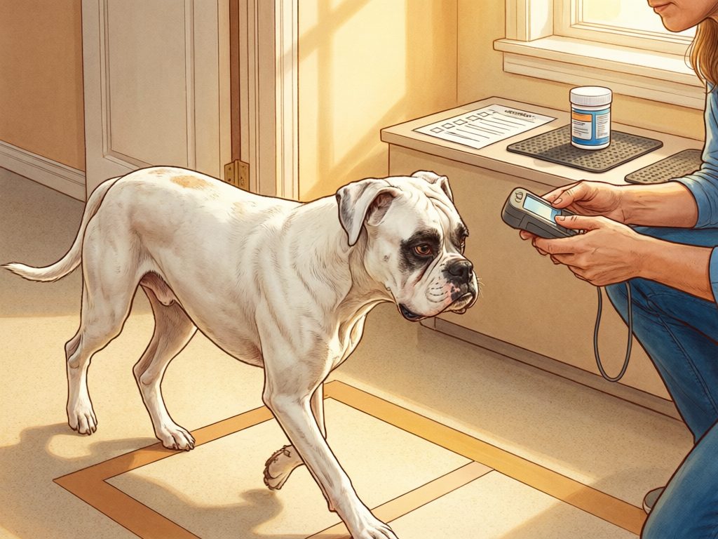 Illustration of a white dog standing over floor markings while a person holds a stopwatch beside a checklist and bottle.