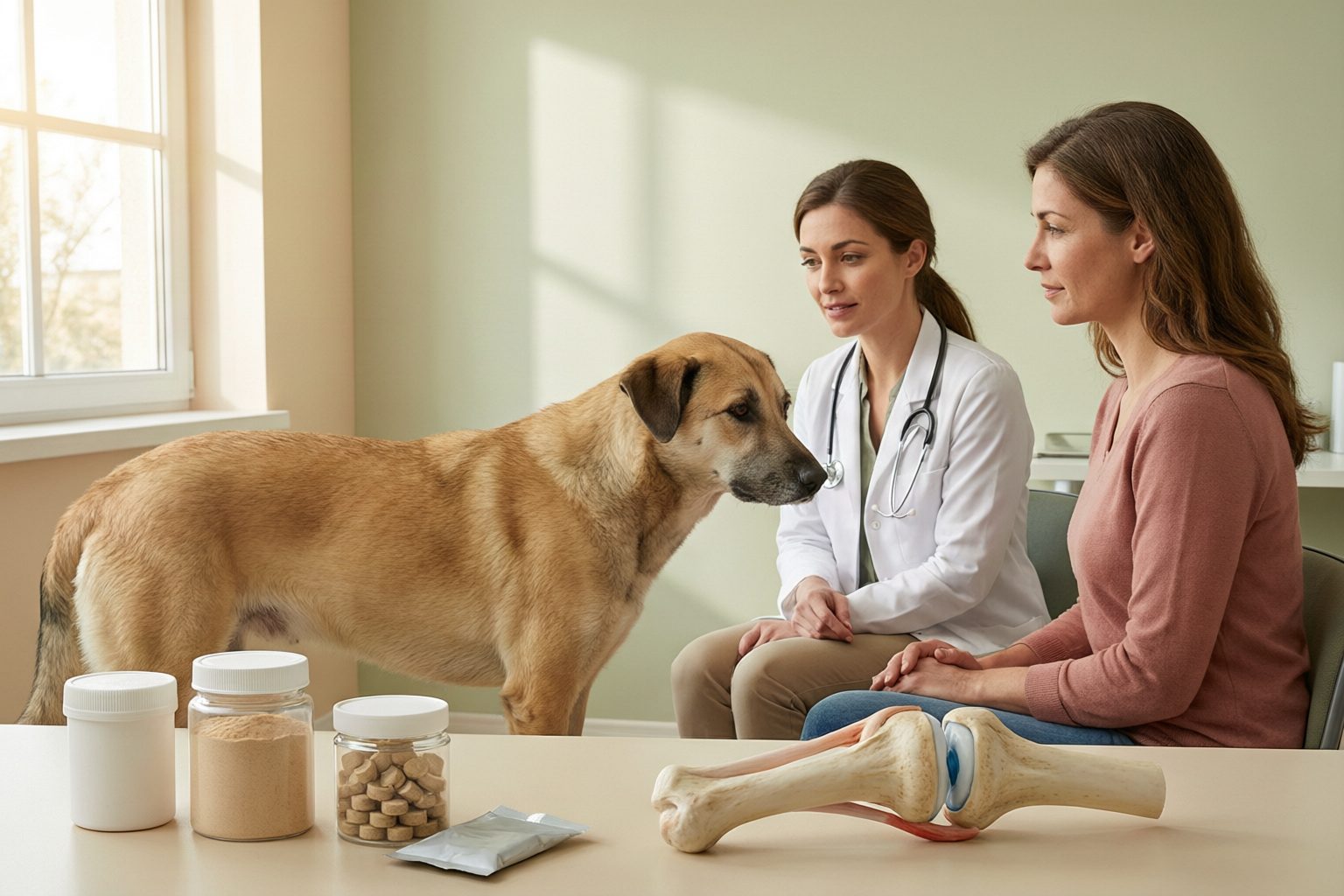 Illustration of a veterinarian and dog owner seated with a tan dog, with supplement containers and a joint model on the table.