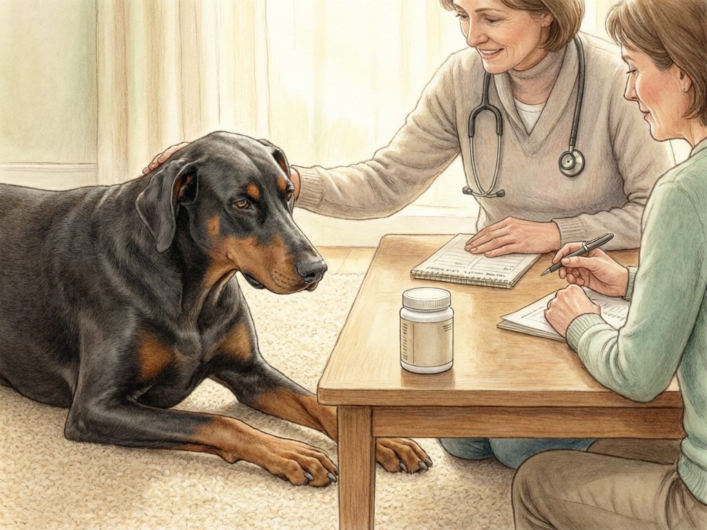 Veterinarian and owner discussing a health notebook while a Doberman rests comfortably beside them.