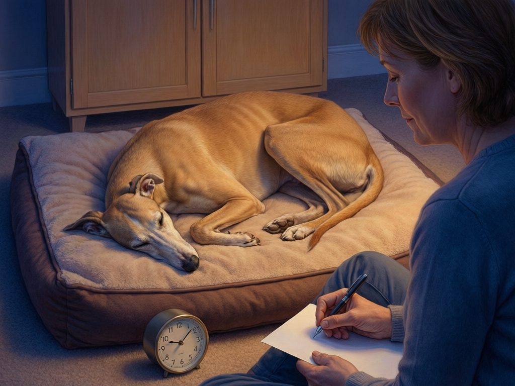 Owner taking notes beside a sleeping tan dog and an analog clock in a dim room.