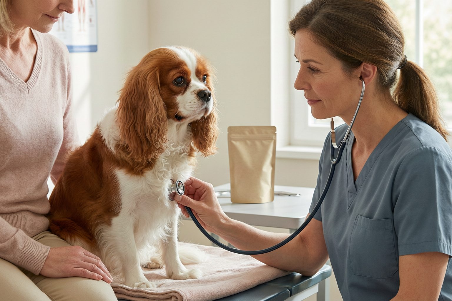 Veterinarian listening to a Cavalier spaniel's chest with a stethoscope while the owner supports the dog.