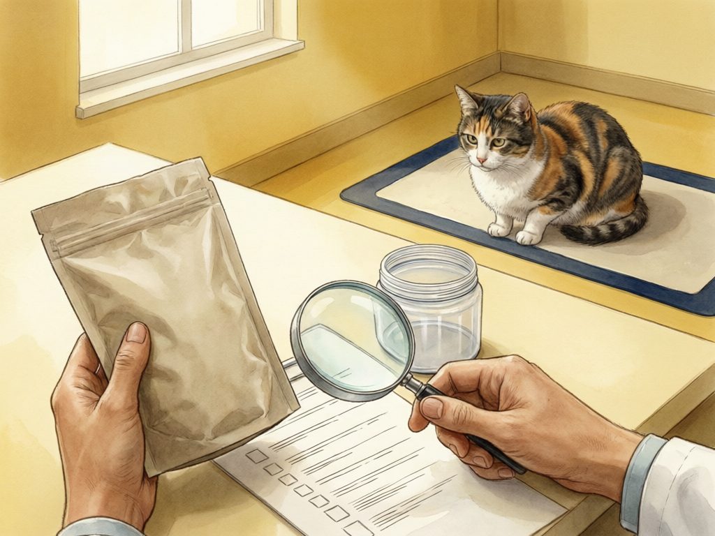 Illustration of hands holding a plain pouch and magnifying glass over a checklist, with a cat on a nearby mat.
