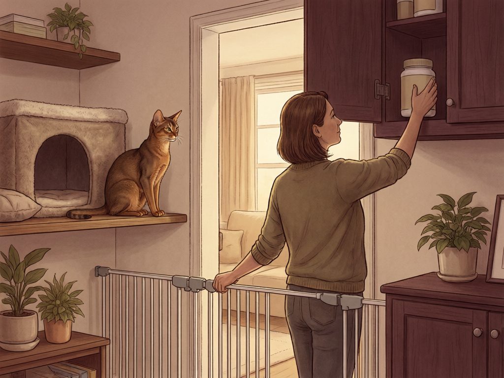 Illustration of a person placing a closed bottle in an upper cabinet while a cat sits beside a covered bed on a shelf.