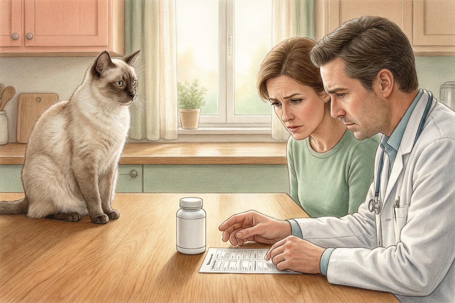 Illustration of a veterinarian and a cat owner reviewing a printed panel beside a white bottle and a seated cat.
