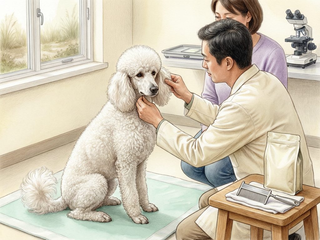 Illustration of a person examining a white poodle's face and ears beside another person, a comb, and a plain pouch.