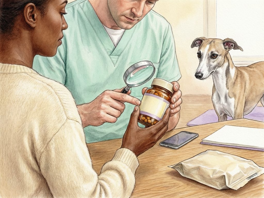 Illustration of an owner and veterinary professional inspecting a container with a magnifying glass while a whippet rests nearby.