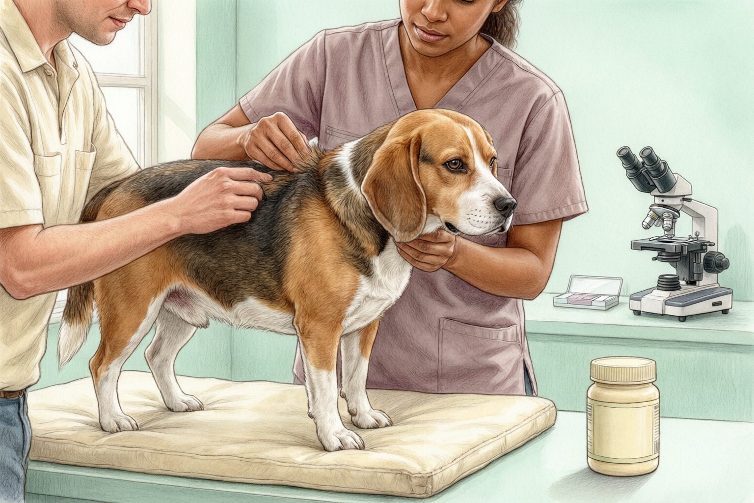 Illustration of a veterinary professional and owner parting a beagle's coat on an examination table, with a microscope in the background.