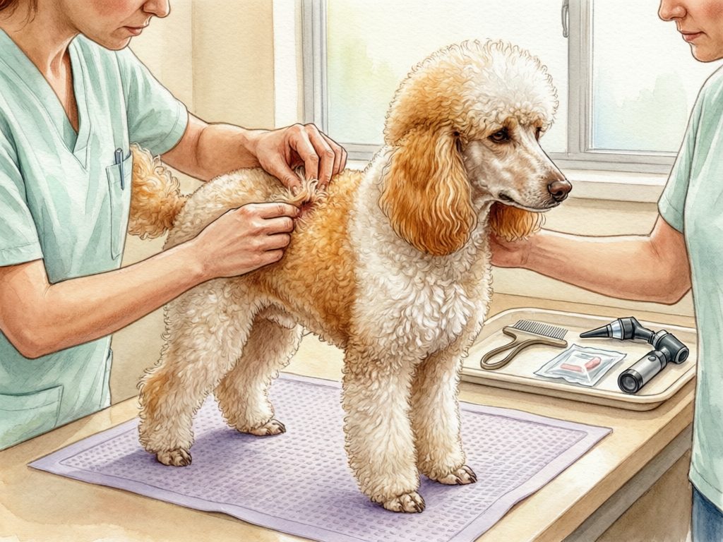 Illustration of veterinary professionals parting a poodle's coat on an examination table beside a comb and otoscope.