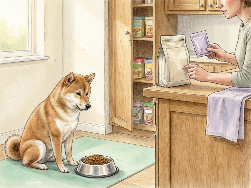 Illustration of an owner comparing two plain packets beside an open cupboard while a Shiba Inu sits by its food bowl.