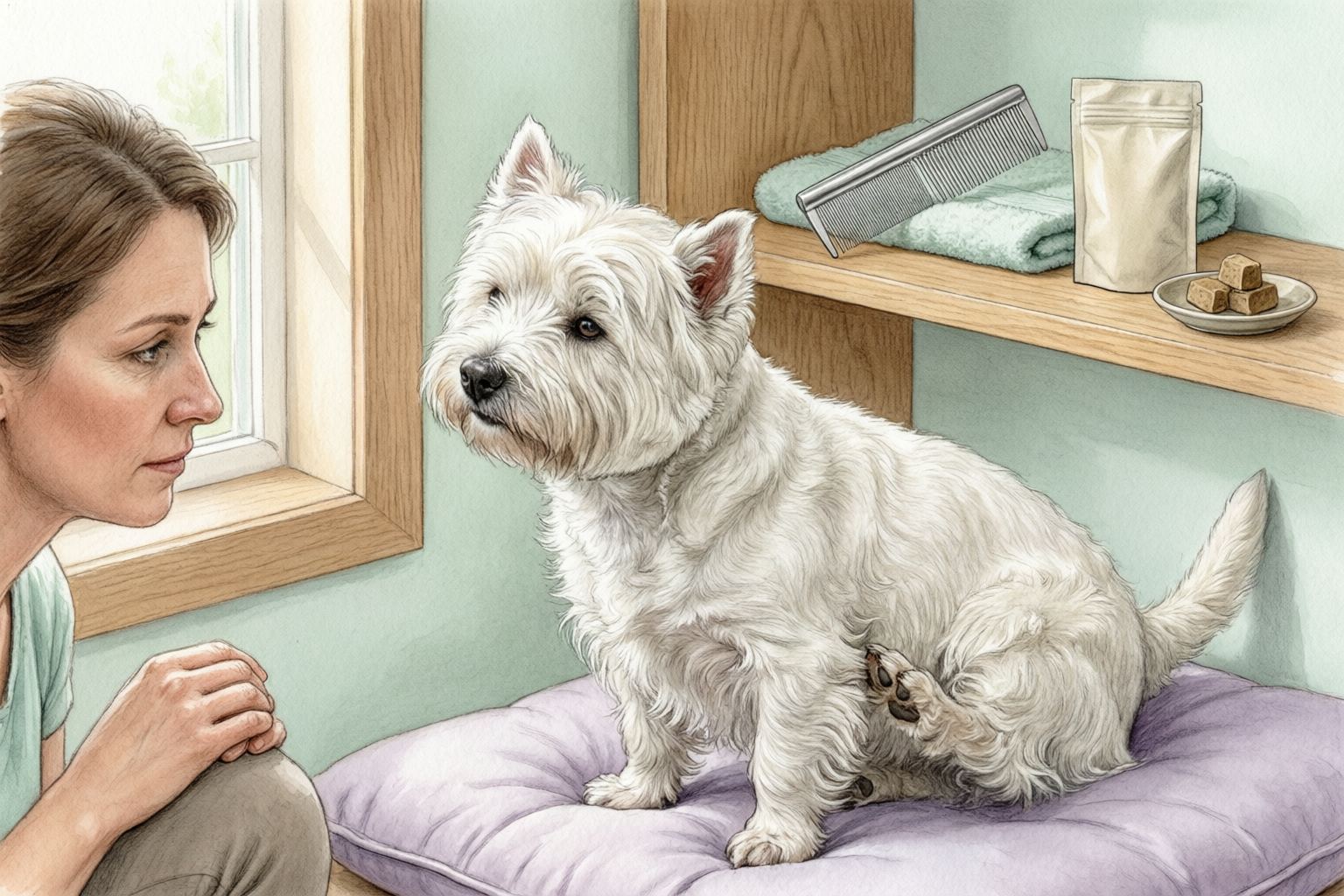 Illustration of a white terrier raising a hind paw toward its side while an owner watches beside a cushion.