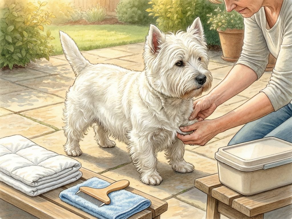 Illustration of an owner handling a white terrier's foreleg on a patio beside towels, a brush, and a closed container.