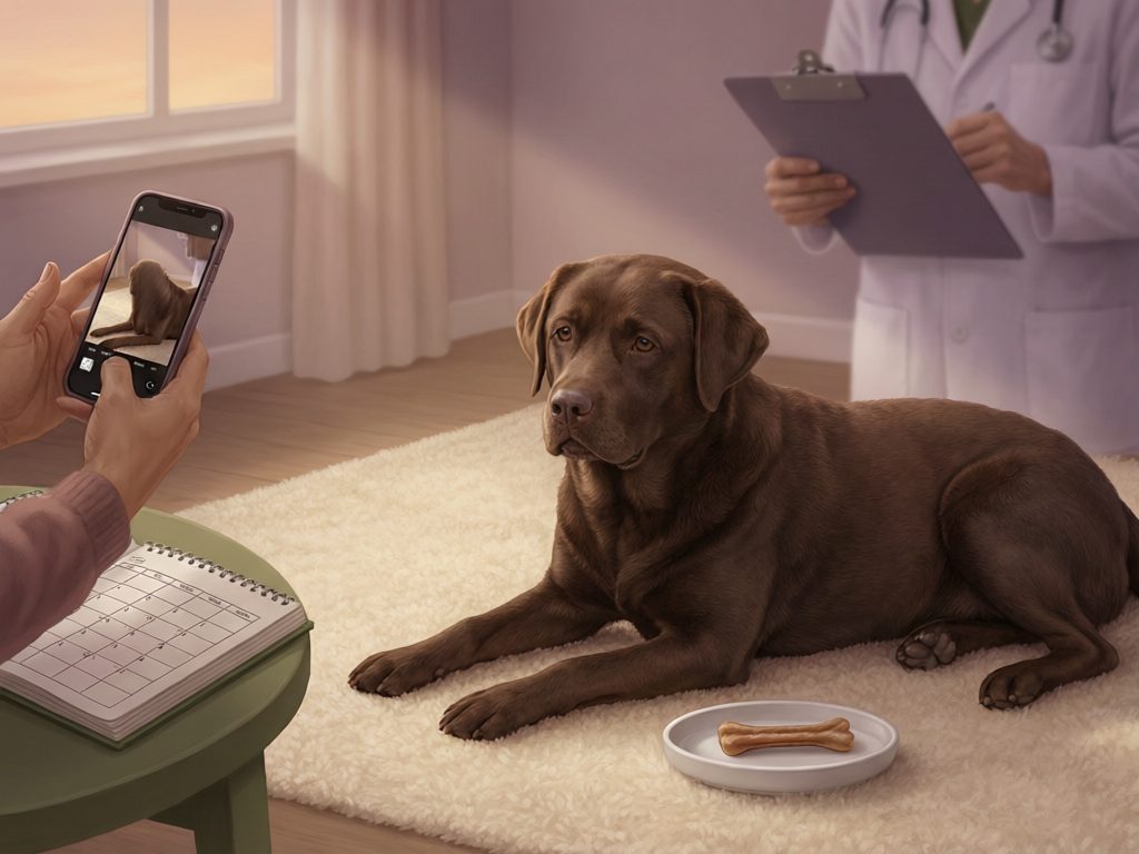 Owner photographing a brown dog beside a calendar notebook while a veterinary professional holds a clipboard in the background.