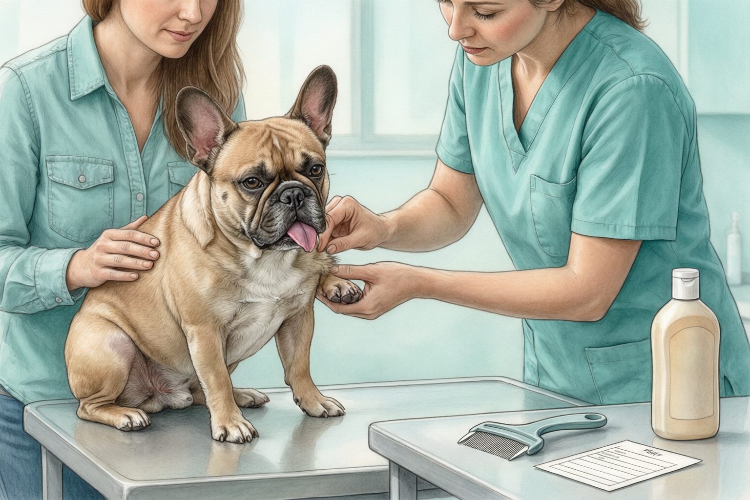 Illustration of a veterinary professional examining a French bulldog's paw while its owner supports it on an examination table.