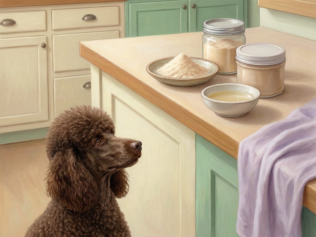 Illustration of a brown poodle looking toward jars of powder and bowls of pale powder and yellow liquid on a kitchen counter.