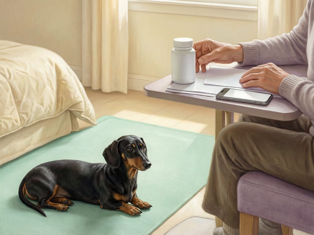 Illustration of a person reviewing paperwork beside a closed white bottle and phone while a dachshund rests on a mat.